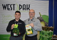 West Pak's Joshua Estebane and Scott Ross. Joshua shows a single-serve mesh bag with Lil' Cados while Scott shows a mesh bag with organic avocados.